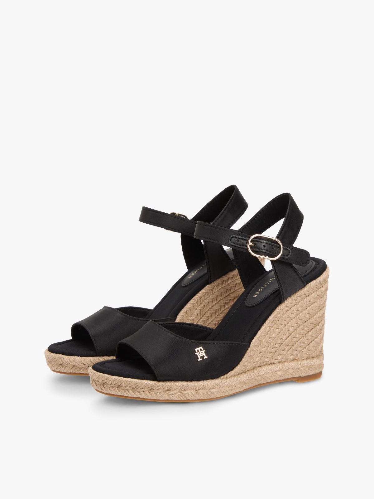 Satin TH Monogram Wedge Espadrilles — Black