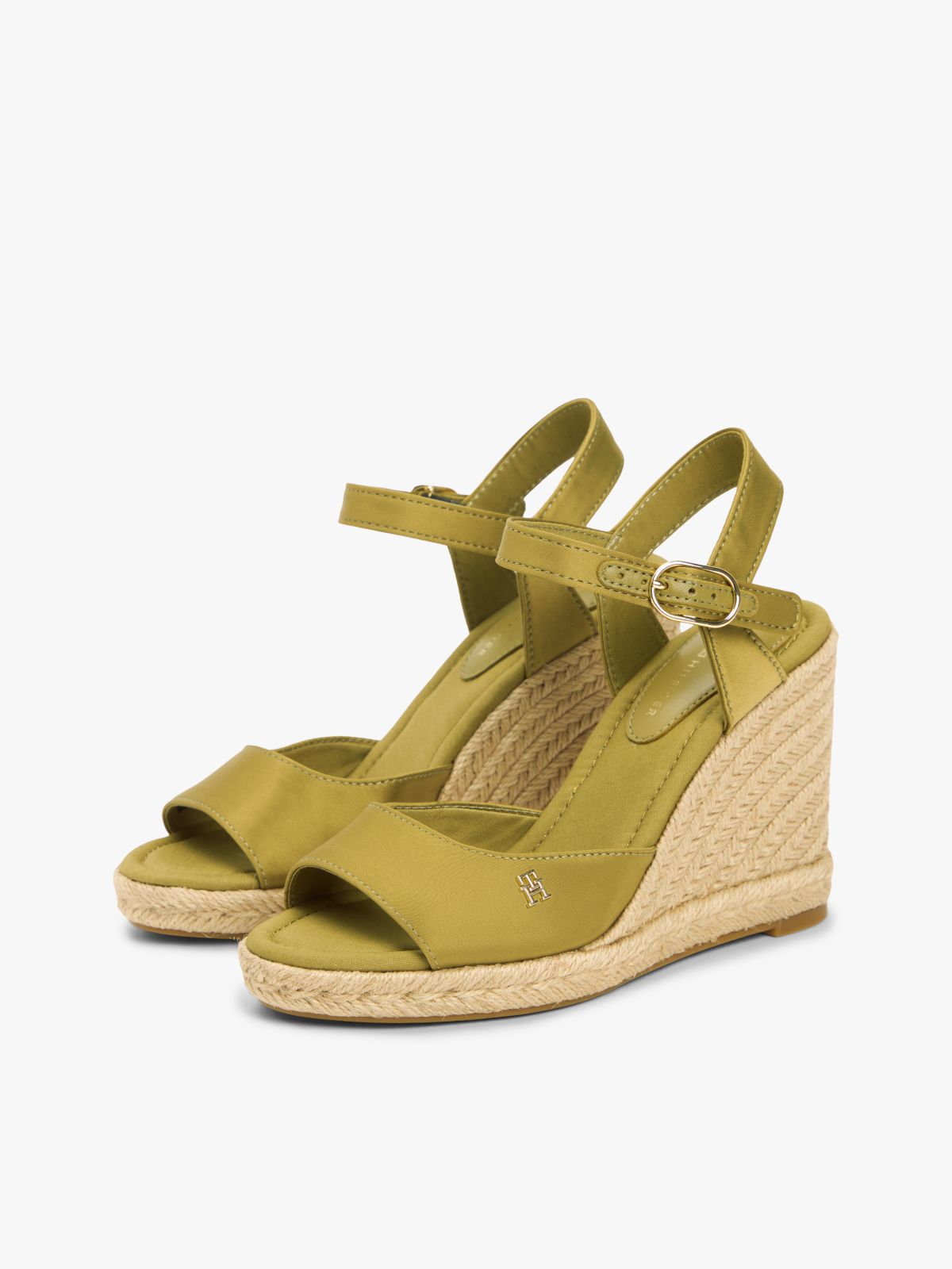 Satin TH Monogram Wedge Espadrilles — Khaki