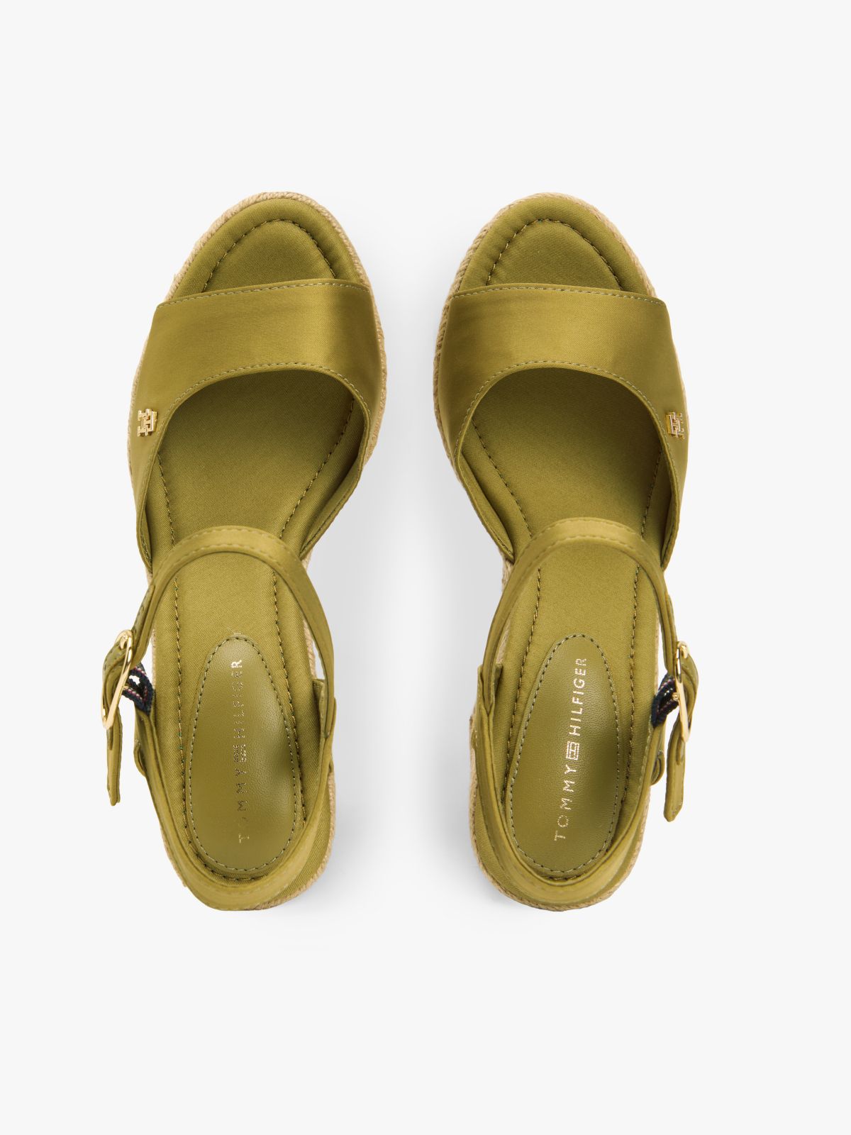 Satin TH Monogram Wedge Espadrilles — Khaki