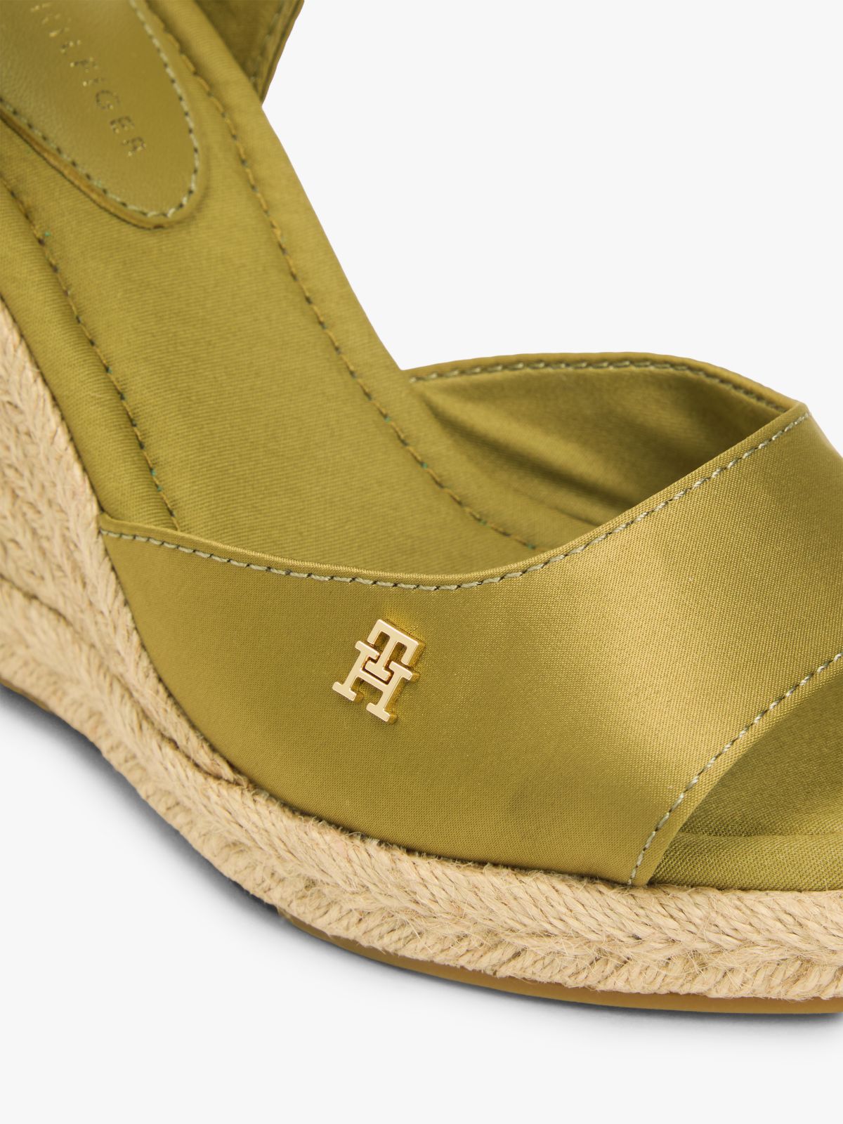 Satin TH Monogram Wedge Espadrilles — Khaki