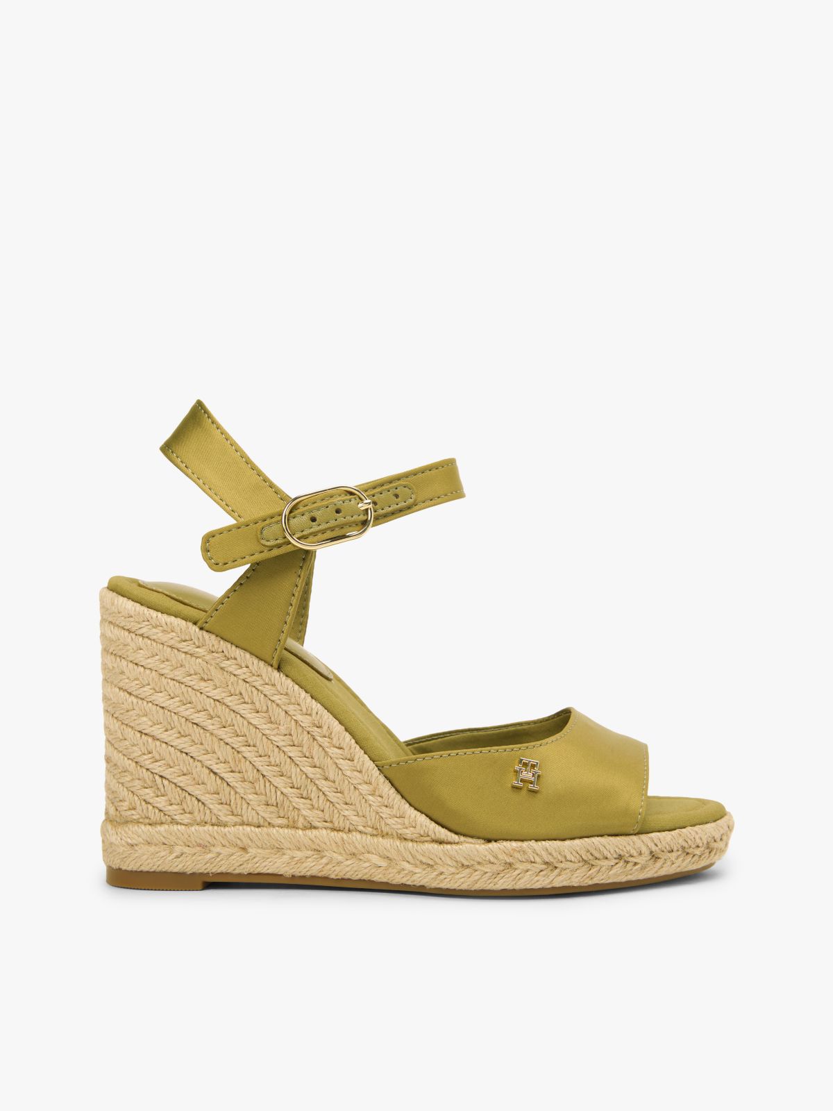Satin TH Monogram Wedge Espadrilles — Khaki