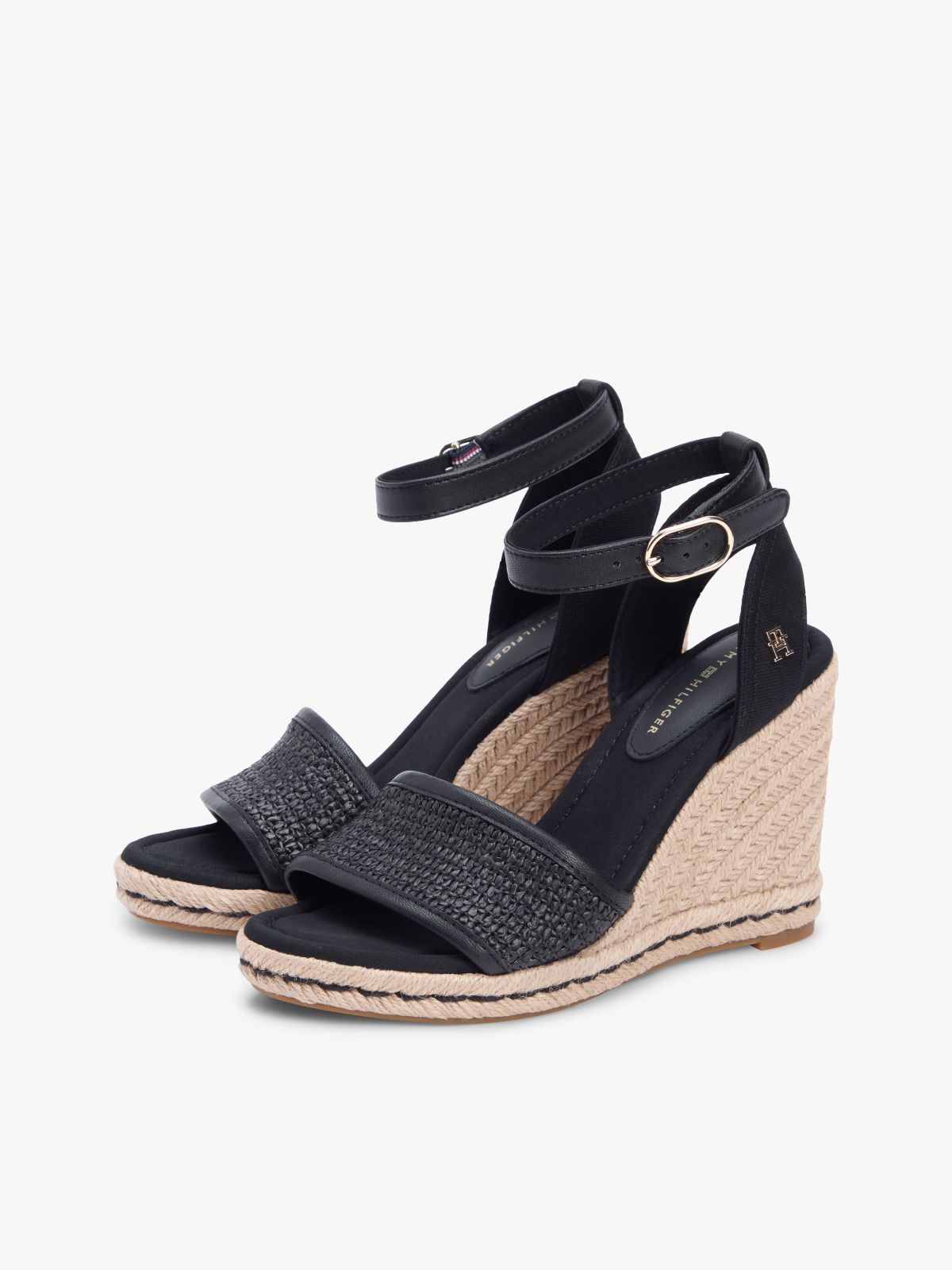 Raffia Strap High Wedge Espadrilles — Black