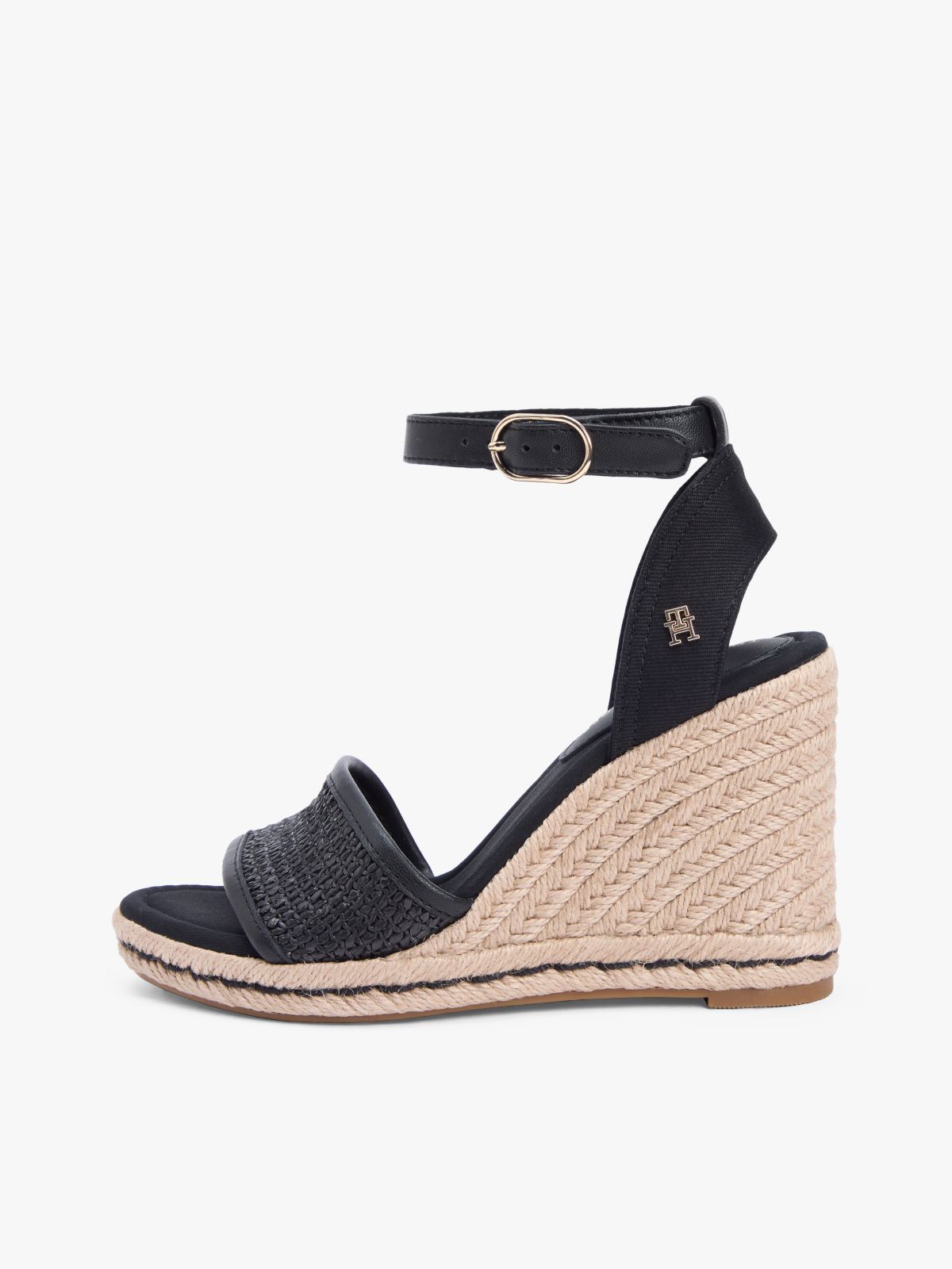 Raffia Strap High Wedge Espadrilles — Black