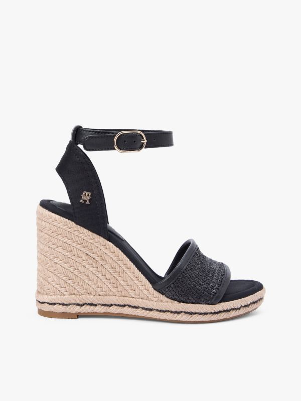 Raffia Strap High Wedge Espadrilles — Black
