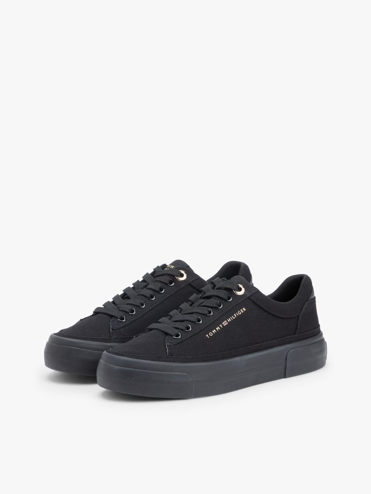 Metallic Logo Canvas Platform Trainers — Black