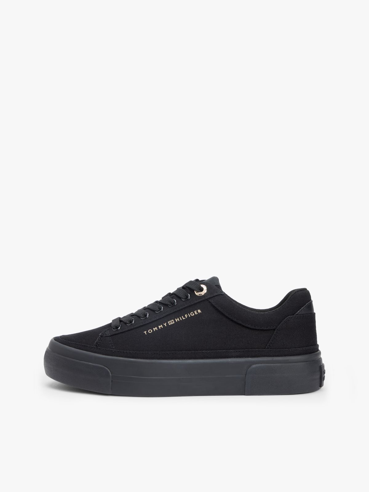 Metallic Logo Canvas Platform Trainers — Black