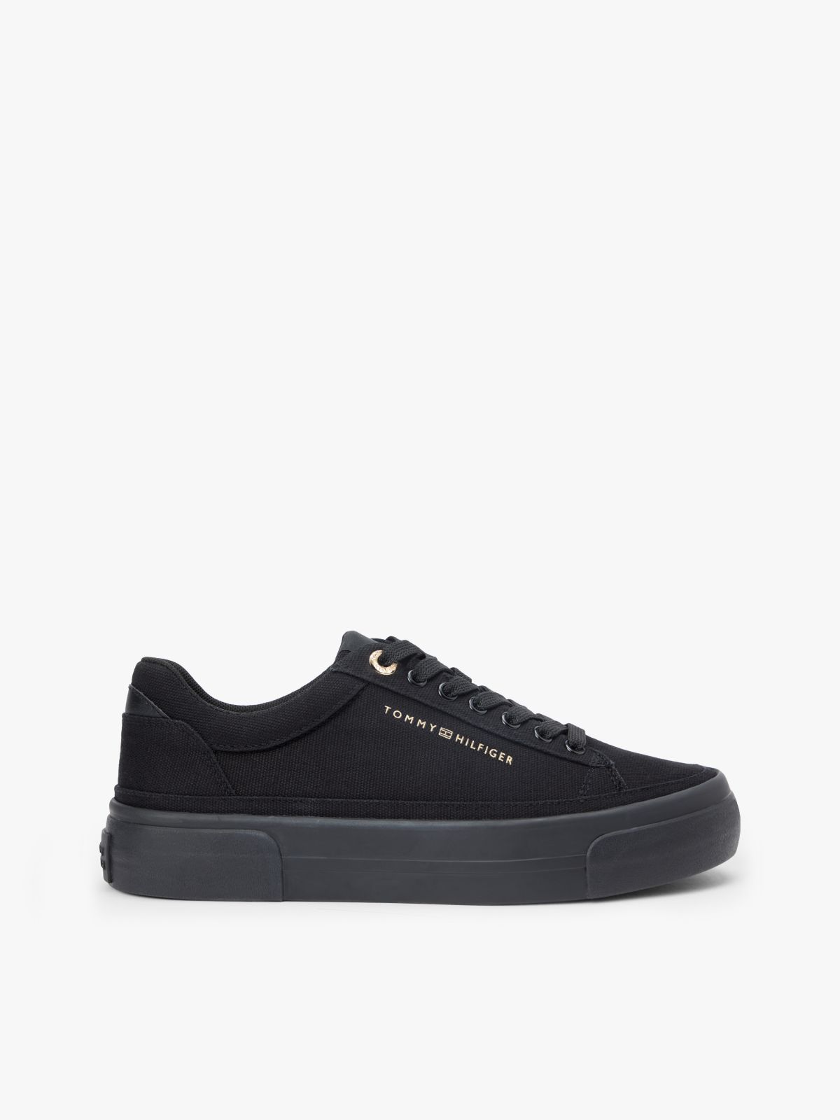 Metallic Logo Canvas Platform Trainers — Black