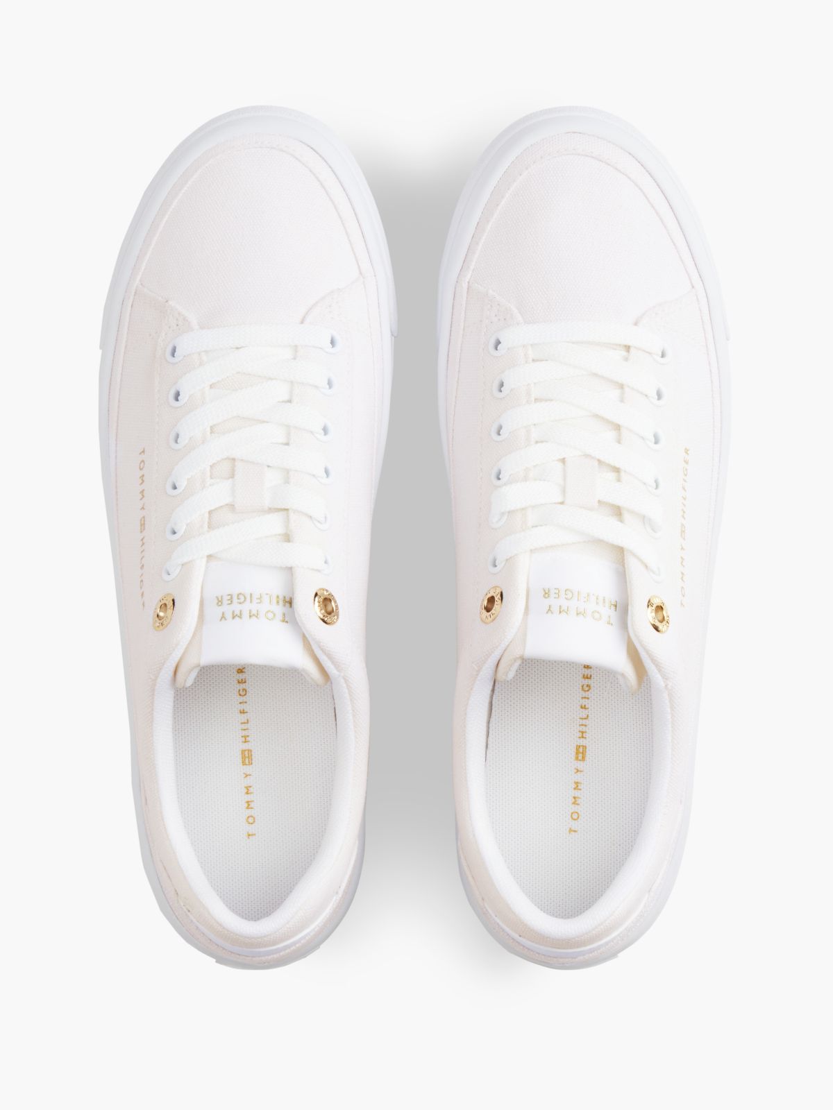 Metallic Logo Canvas Platform Trainers — White