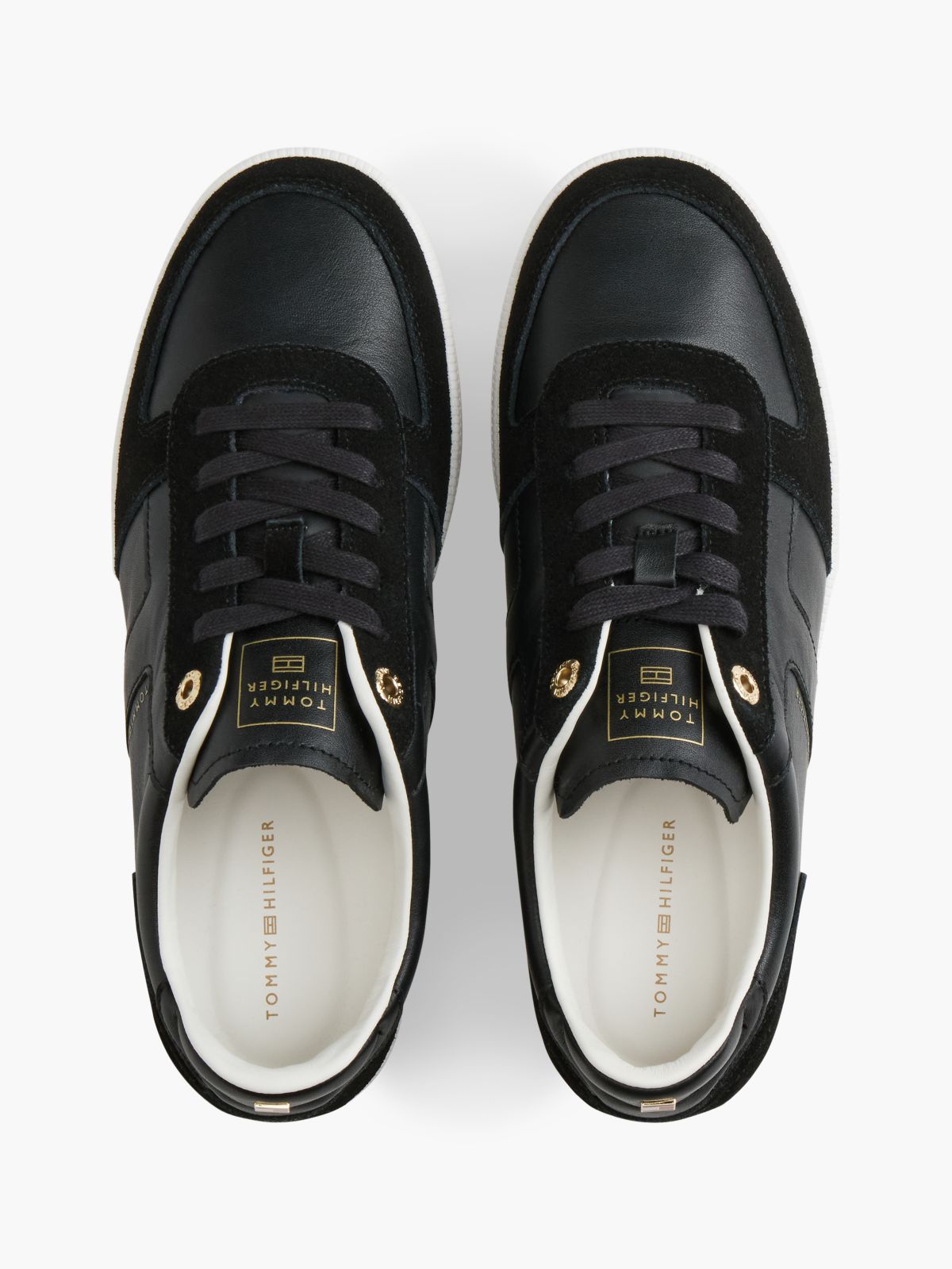 TH Tribeca Leather Mixed Texture Enamel Flag Trainers — Black