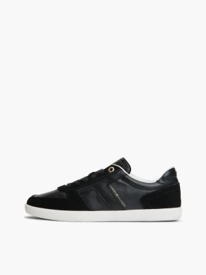 sneakers th tribeca in pelle con mix di texture e bandierina nero da donne tommy hilfiger