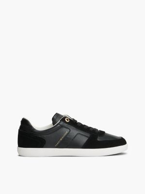 black th tribeca leather mixed texture enamel flag trainers for women tommy hilfiger