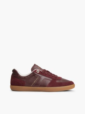 red th tribeca leather mixed texture enamel flag trainers for women tommy hilfiger
