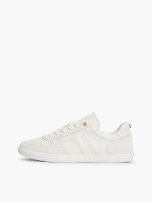 white leather mixed texture enamel flag trainers for women tommy hilfiger