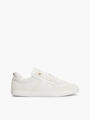 white leather mixed texture enamel flag trainers for women tommy hilfiger