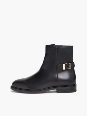 black leather th monogram buckle ankle boots for women tommy hilfiger