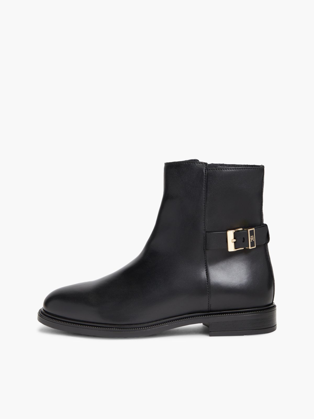 Leather TH Monogram Buckle Ankle Boots — Black