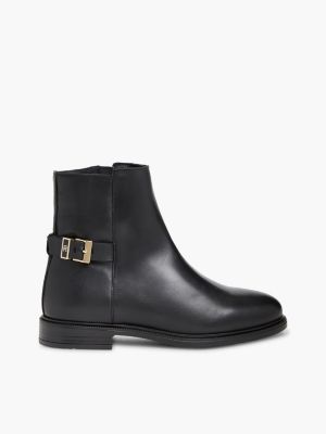 black ankle boots aus leder mit th-monogramm-schnalle für damen - tommy hilfiger