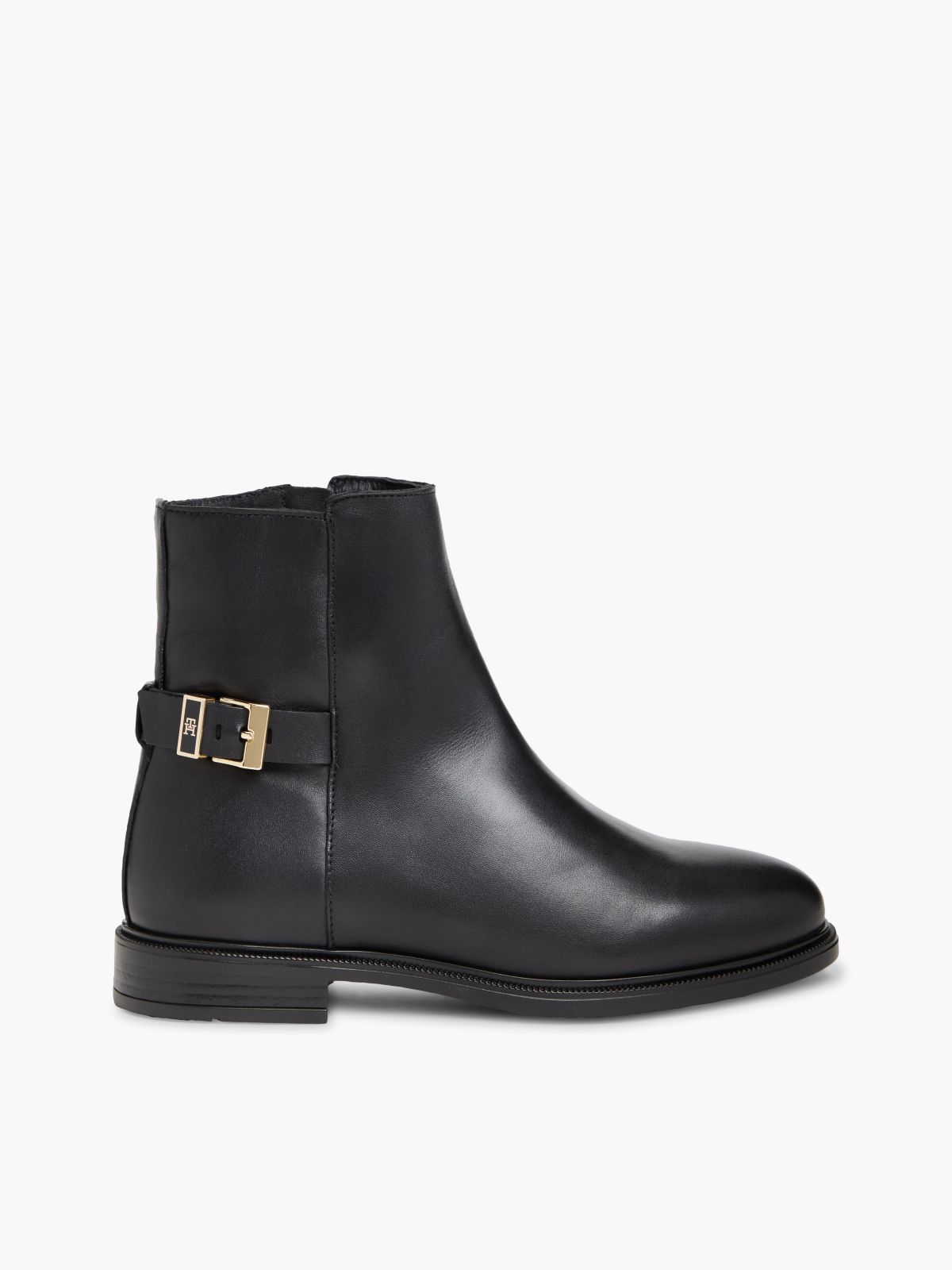 Leather TH Monogram Buckle Ankle Boots — Black