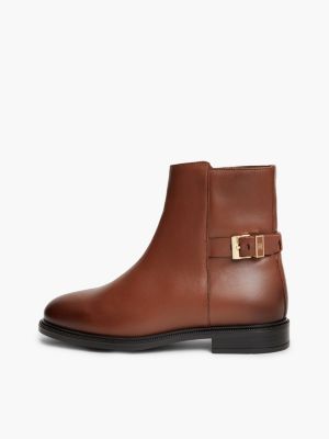 brown leather th monogram buckle ankle boots for women tommy hilfiger