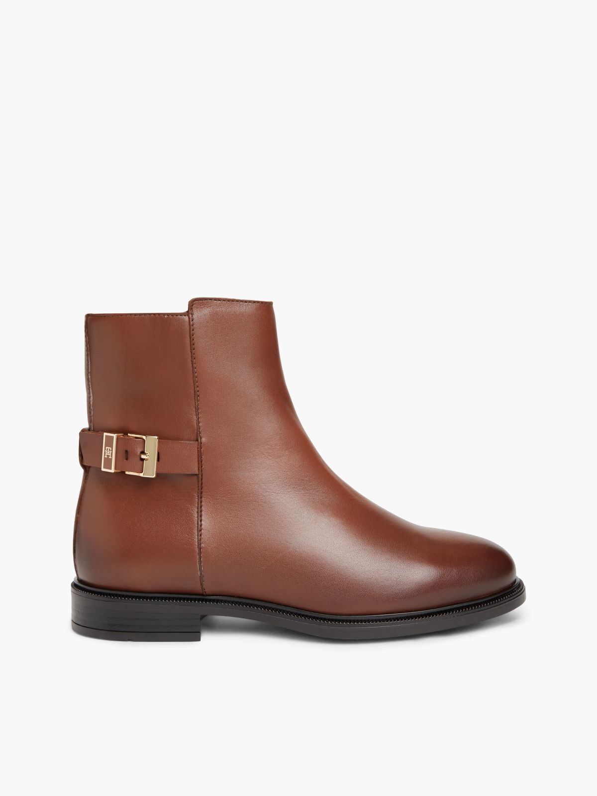 Leather TH Monogram Buckle Ankle Boots — Brown