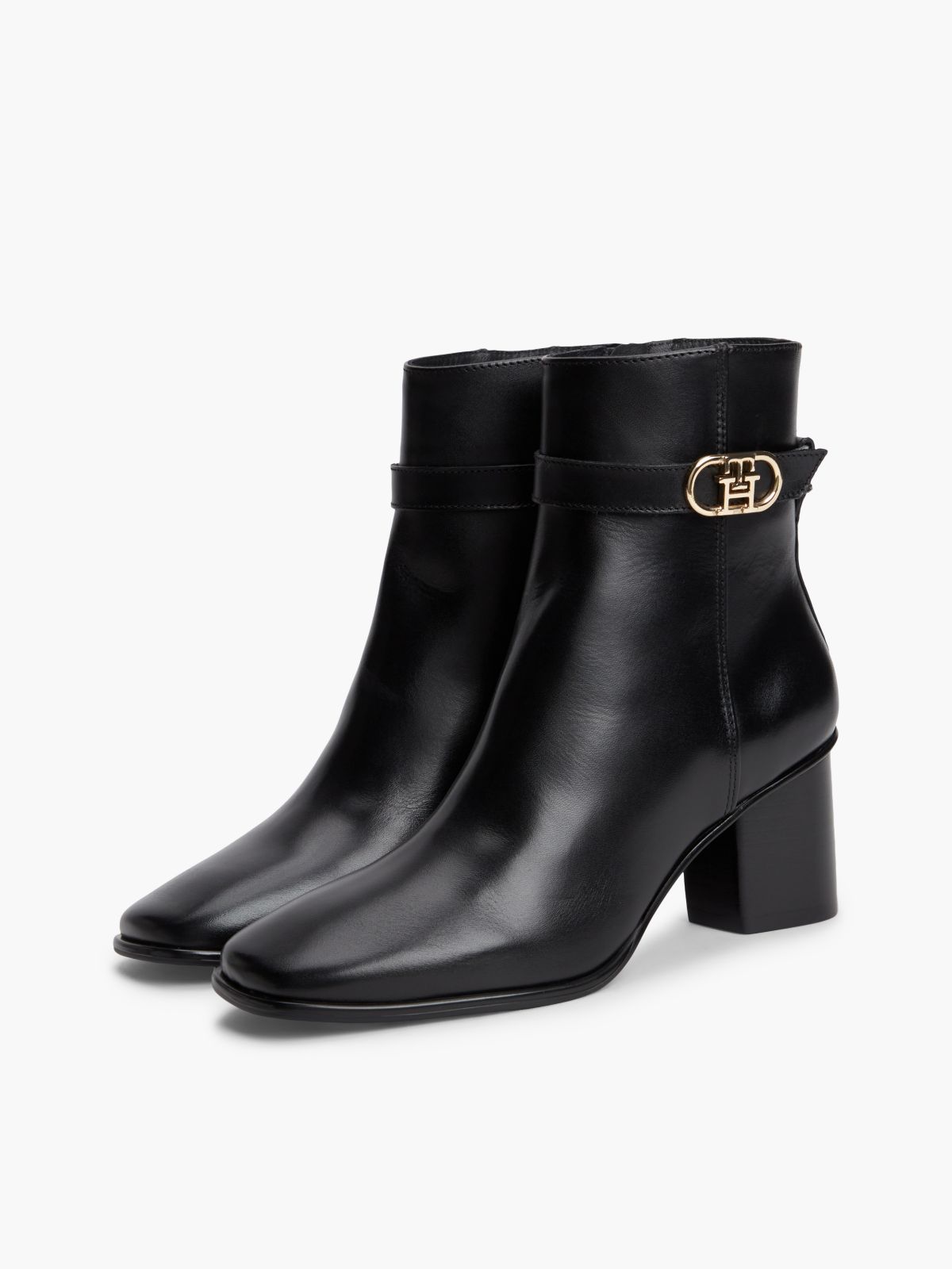 Leather Buckle Strap Block Heel Ankle Boots — Black