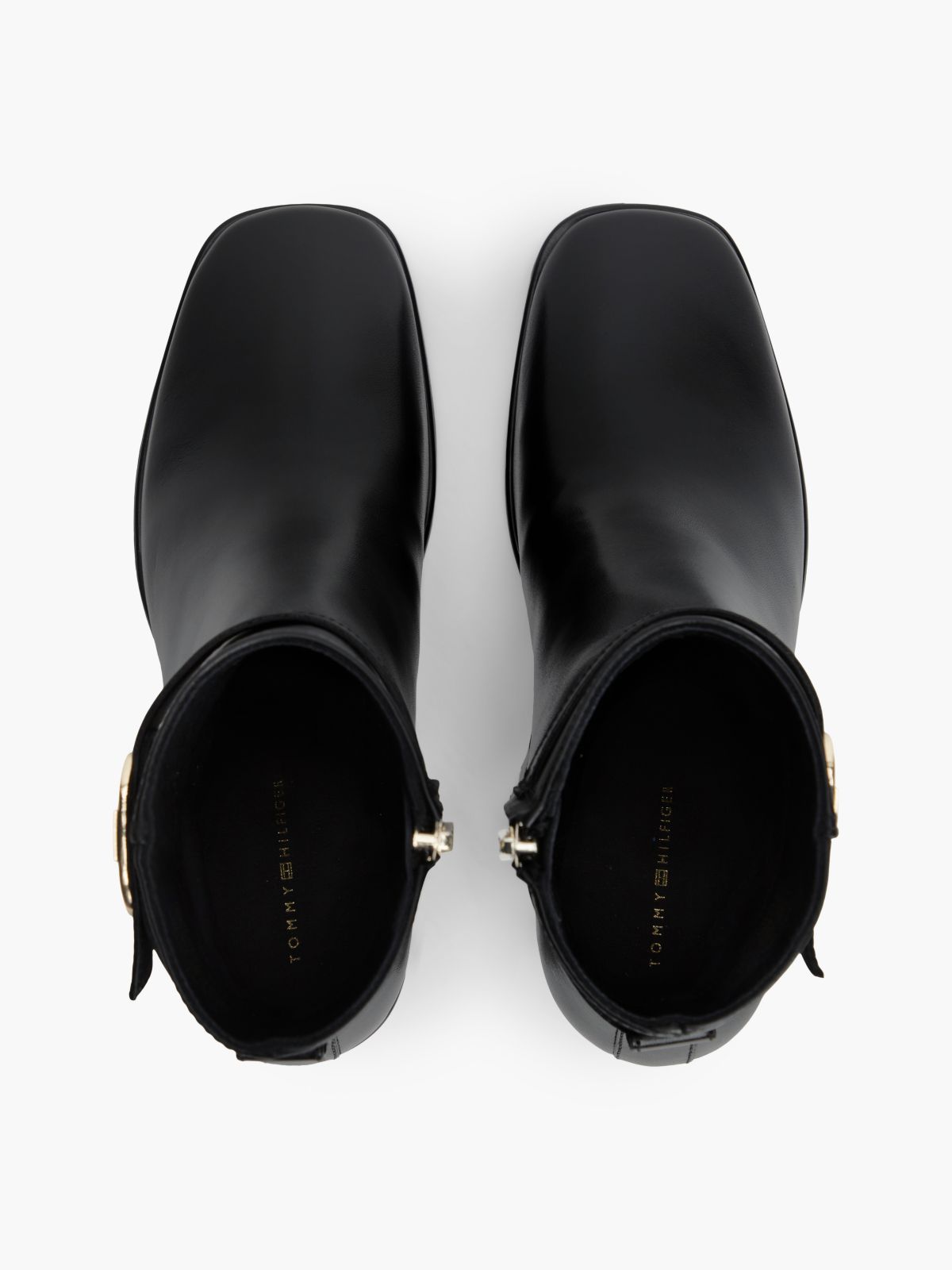 Leather Buckle Strap Block Heel Ankle Boots — Black
