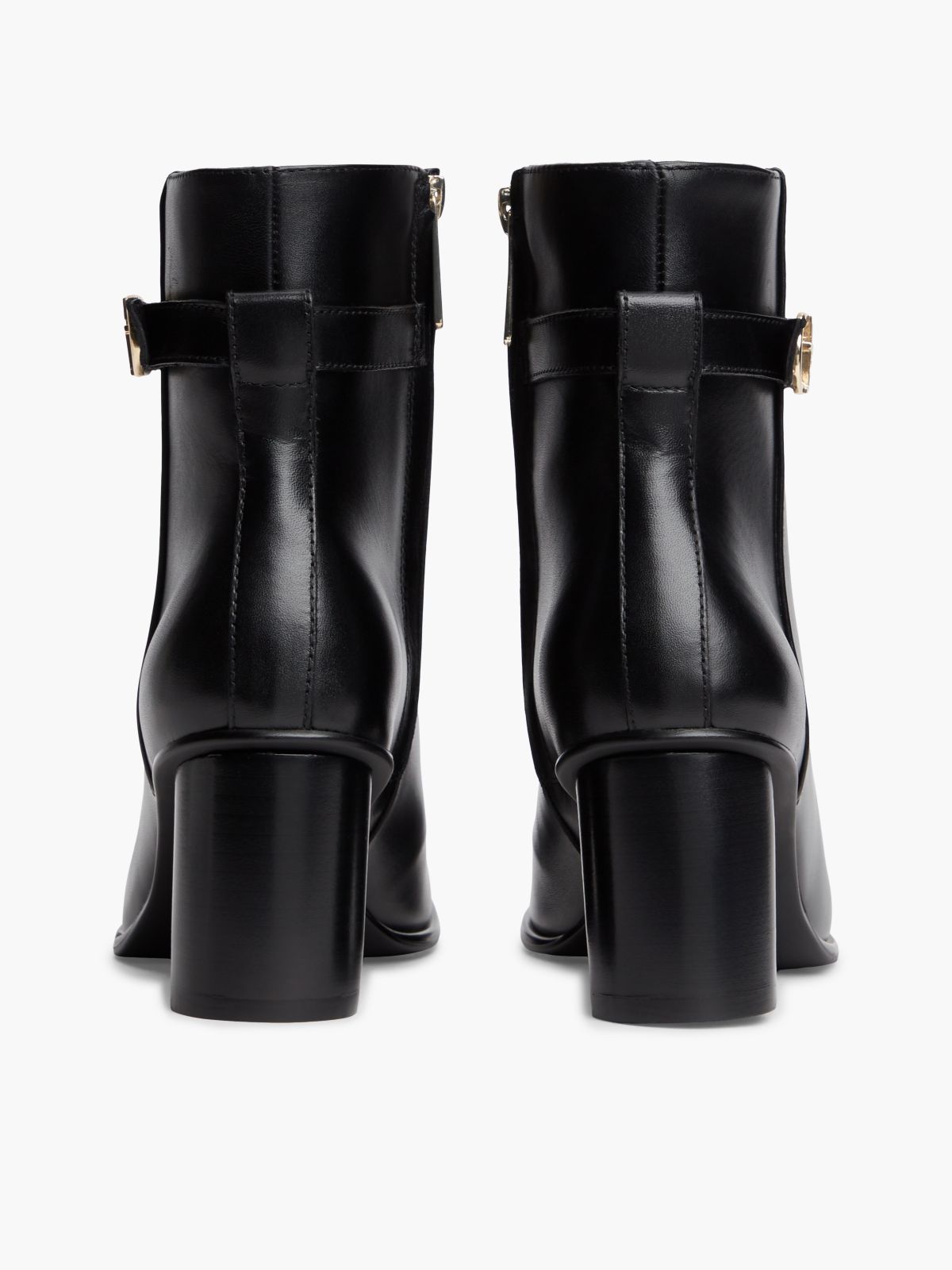 Leather Buckle Strap Block Heel Ankle Boots — Black
