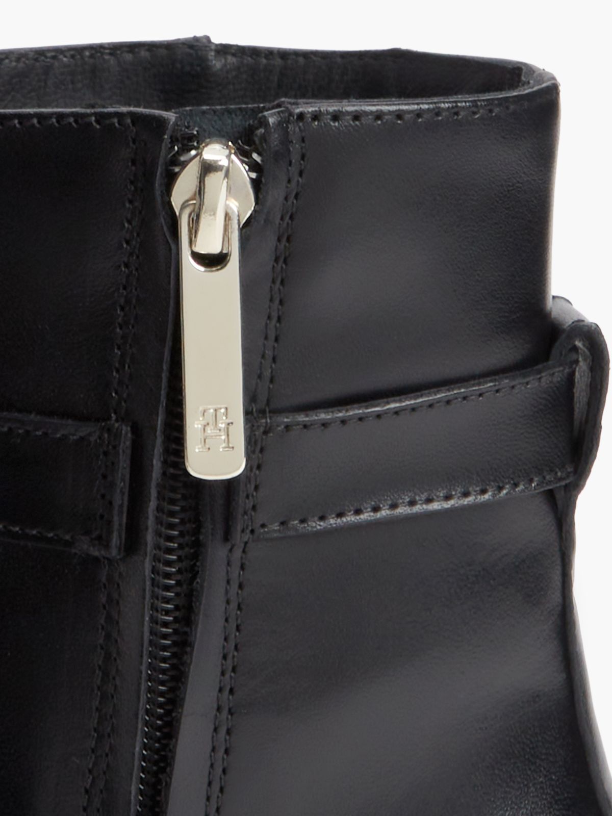 Leather Buckle Strap Block Heel Ankle Boots — Black