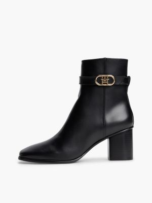 black leather buckle strap block heel ankle boots for women tommy hilfiger
