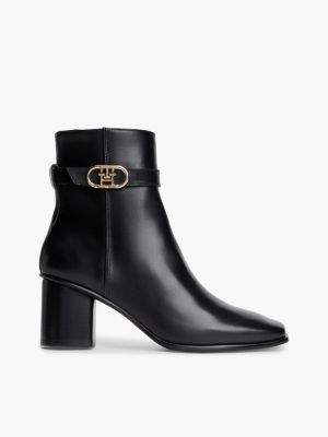 black leather buckle strap block heel ankle boots for women tommy hilfiger