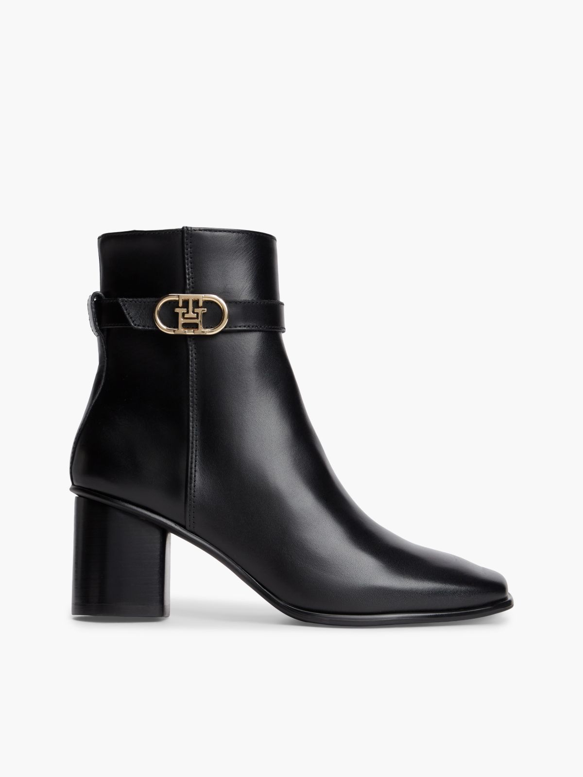 Leather Buckle Strap Block Heel Ankle Boots — Black