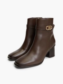 Leather Buckle Strap Block Heel Ankle Boots — Brown 2