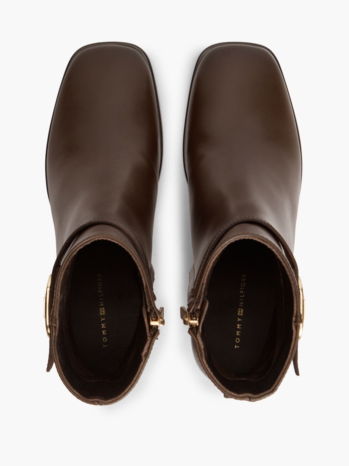 Leather Buckle Strap Block Heel Ankle Boots — Brown