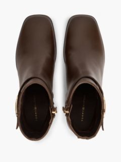 Leather Buckle Strap Block Heel Ankle Boots — Brown 3