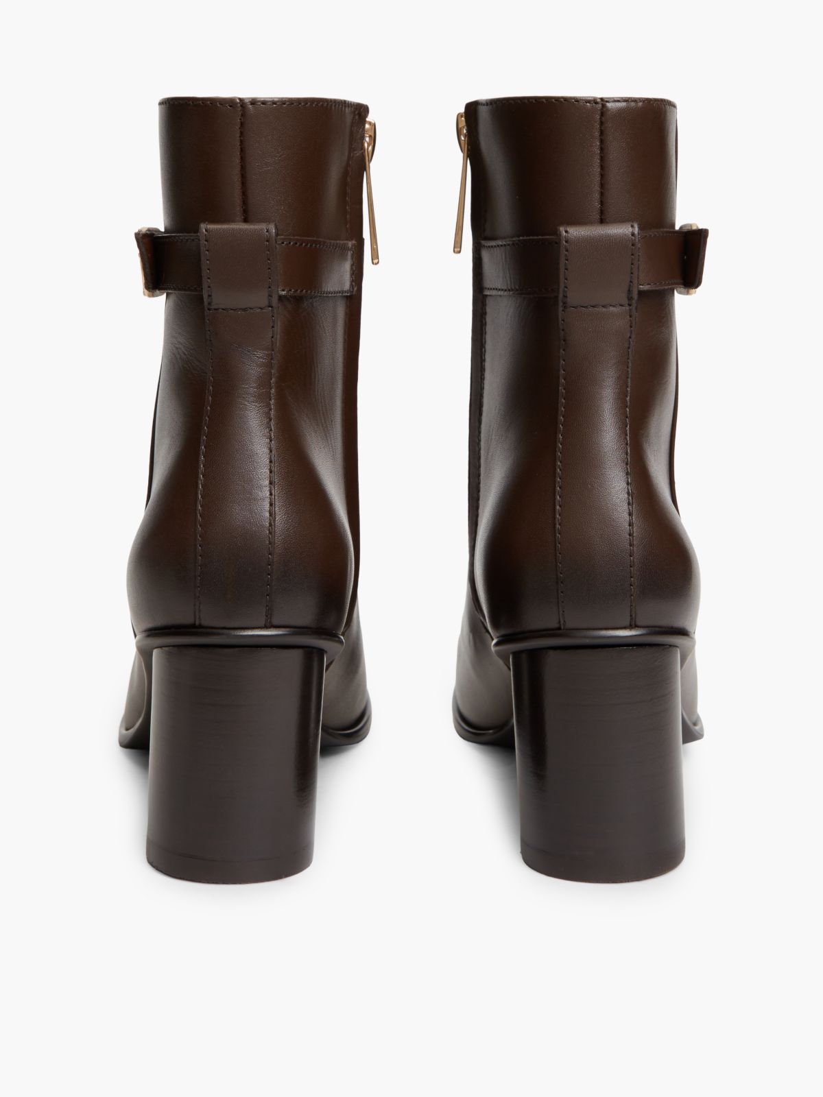 Leather Buckle Strap Block Heel Ankle Boots — Brown
