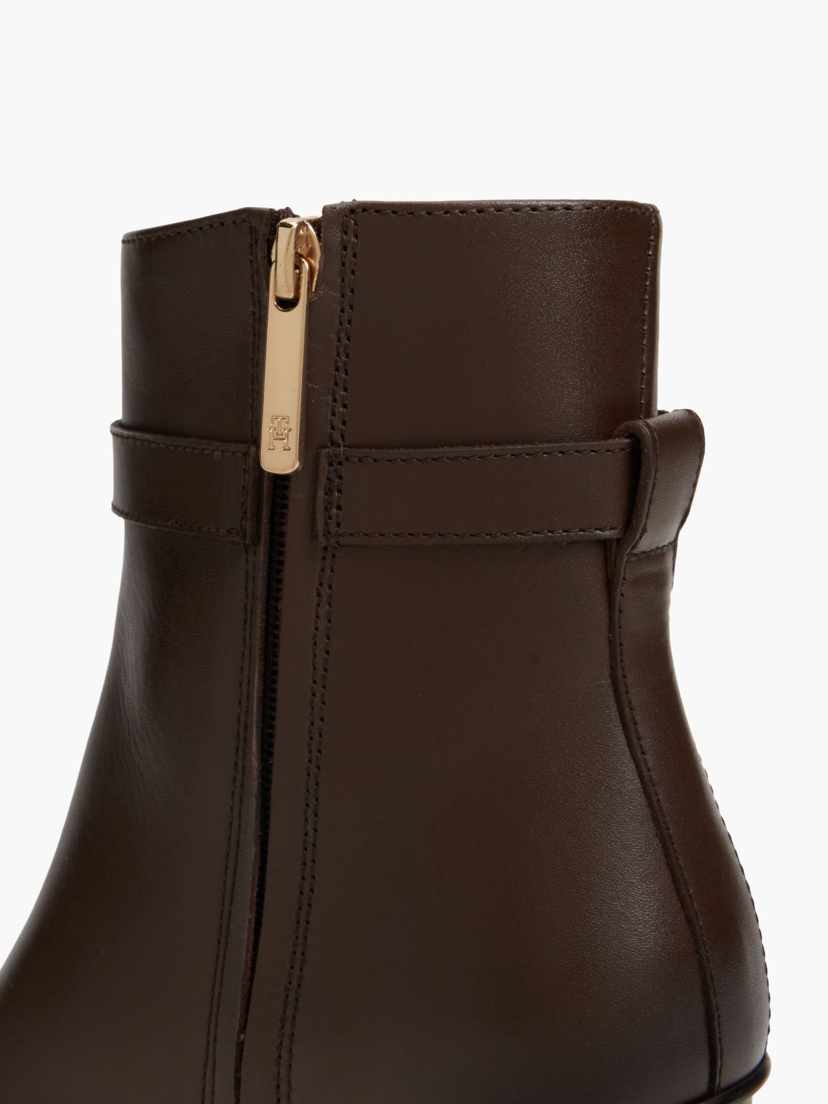 Leather Buckle Strap Block Heel Ankle Boots — Brown