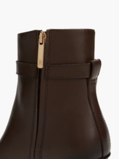 Leather Buckle Strap Block Heel Ankle Boots — Brown 6