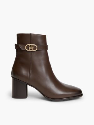 brown leather buckle strap block heel ankle boots for women tommy hilfiger