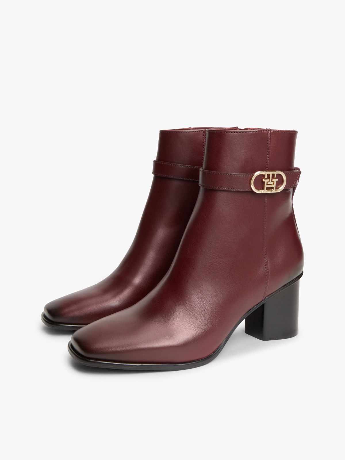 Leather Buckle Strap Block Heel Ankle Boots — Red