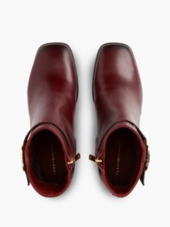 Leather Buckle Strap Block Heel Ankle Boots — Red 3