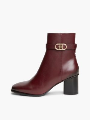 red leather buckle strap block heel ankle boots for women tommy hilfiger
