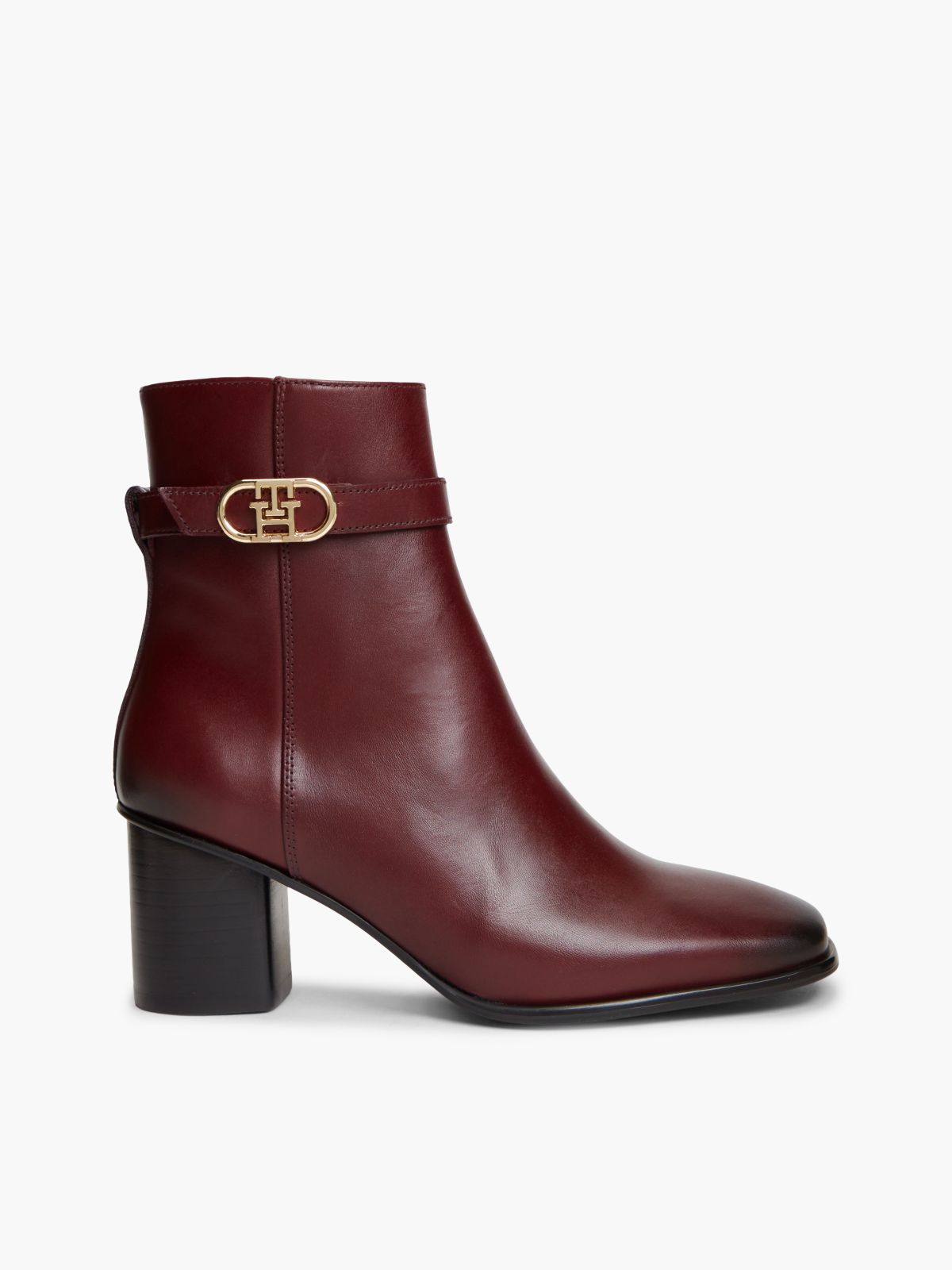 Leather Buckle Strap Block Heel Ankle Boots — Red