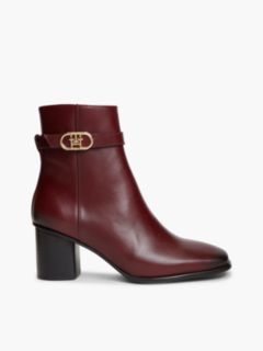Leather Buckle Strap Block Heel Ankle Boots — Red 1