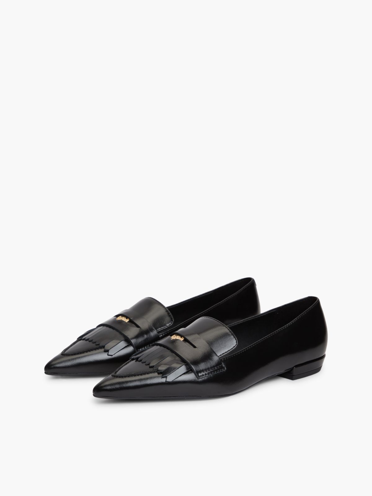 Leather Pointed Toe Penny Loafers — Black