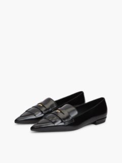 Leather Pointed Toe Penny Loafers — Black 2