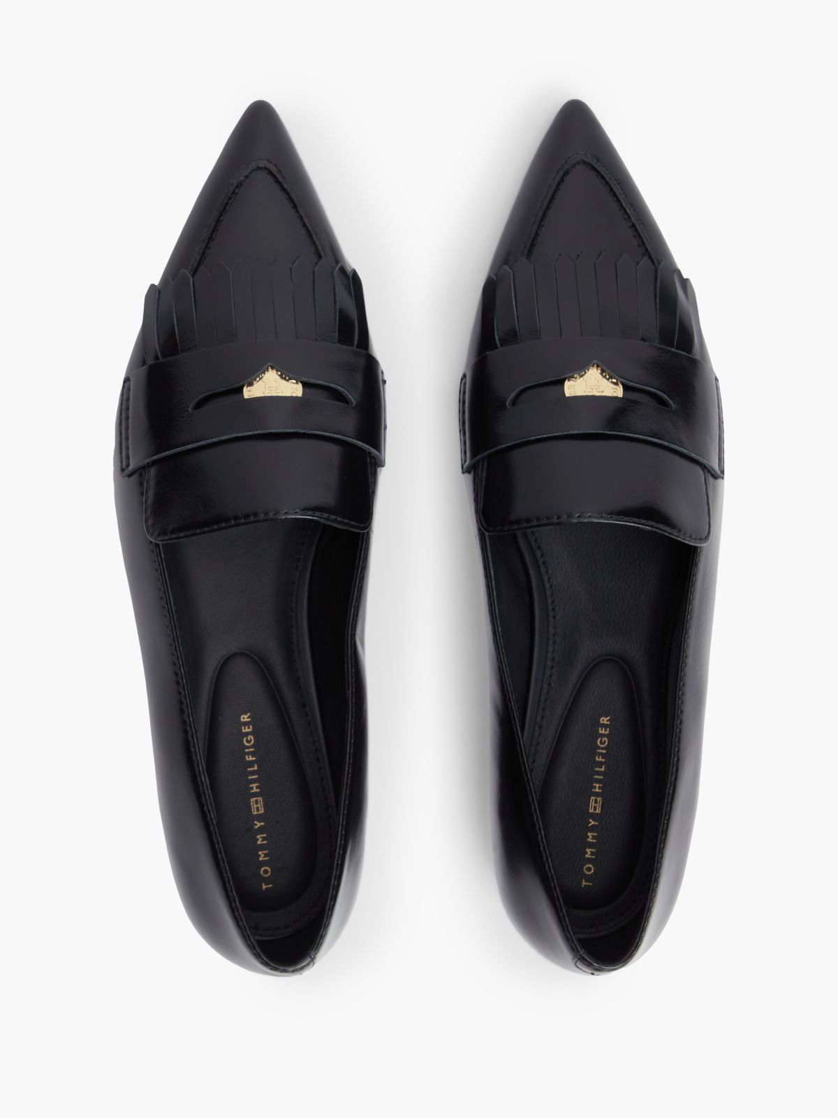 Leather Pointed Toe Penny Loafers — Black