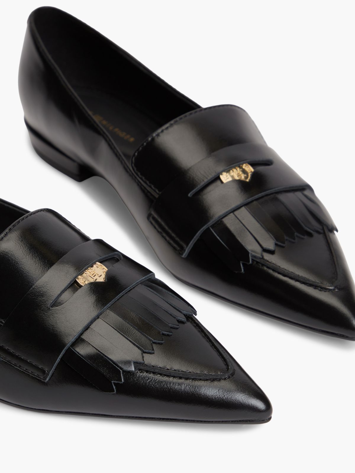 Leather Pointed Toe Penny Loafers — Black
