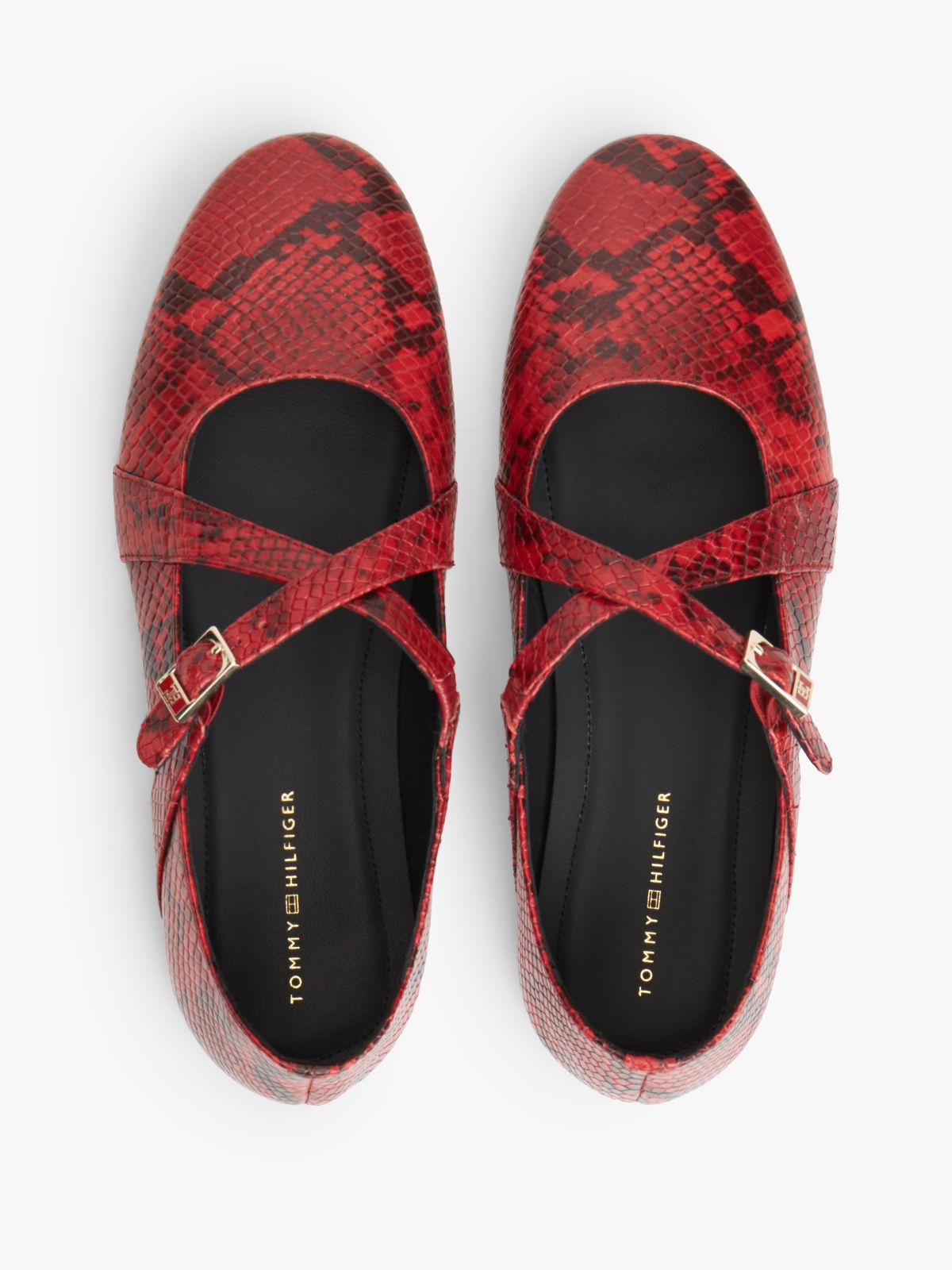 Crossover Strap Snake Print Leather Mary Janes — Red