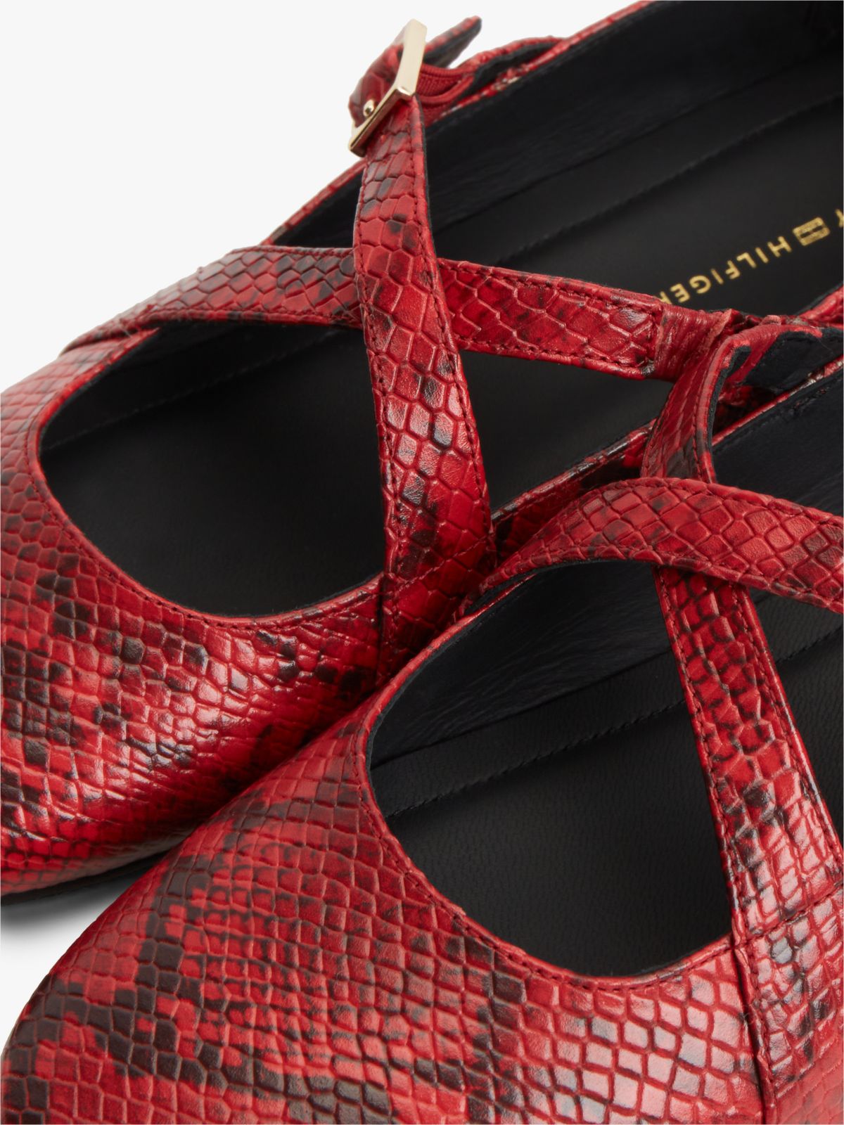 Crossover Strap Snake Print Leather Mary Janes — Red
