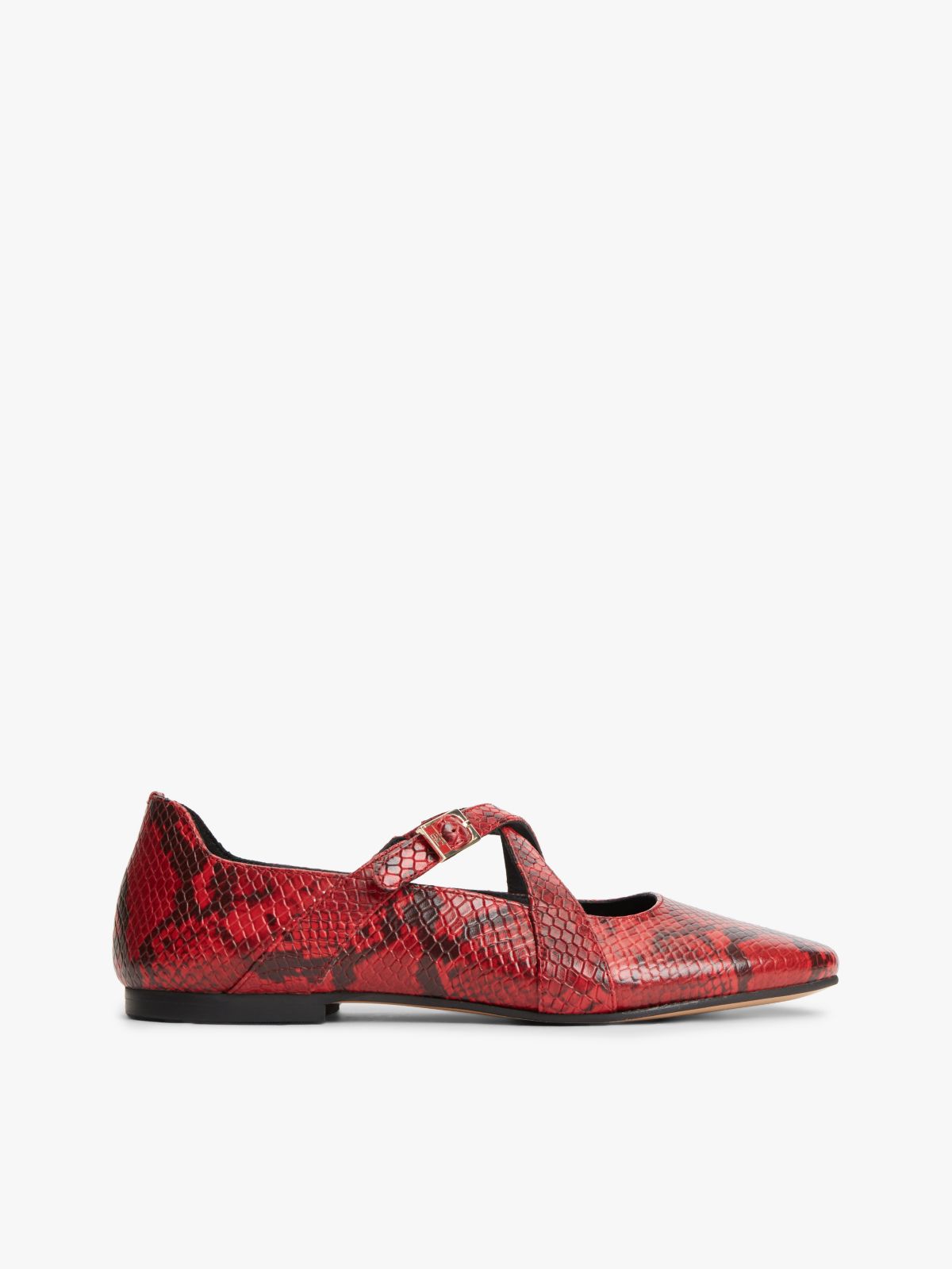 Crossover Strap Snake Print Leather Mary Janes — Red